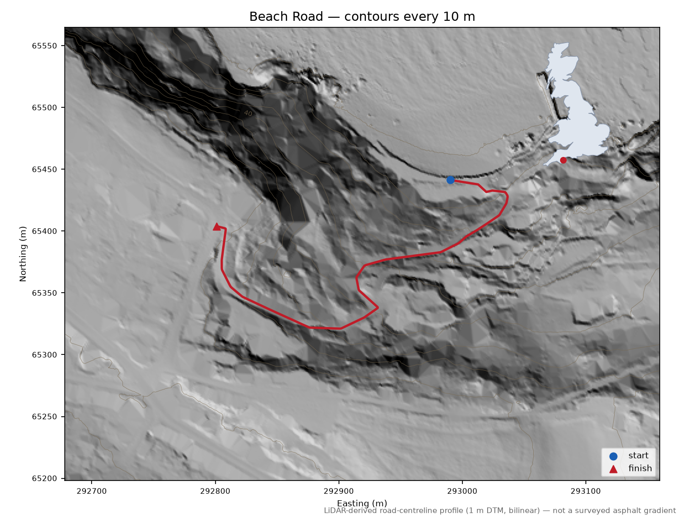 Beach Road LiDAR hillshade map with contours