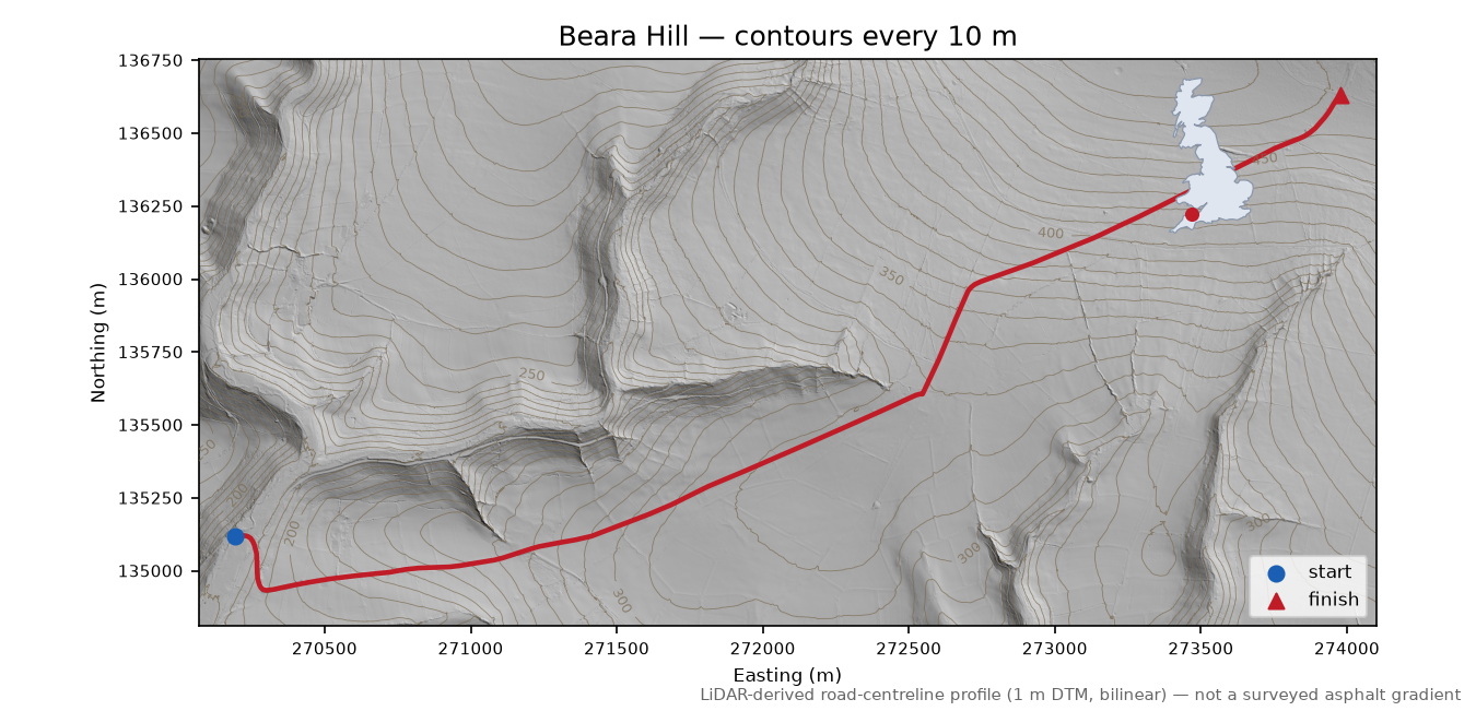 Beara Hill LiDAR hillshade map with contours