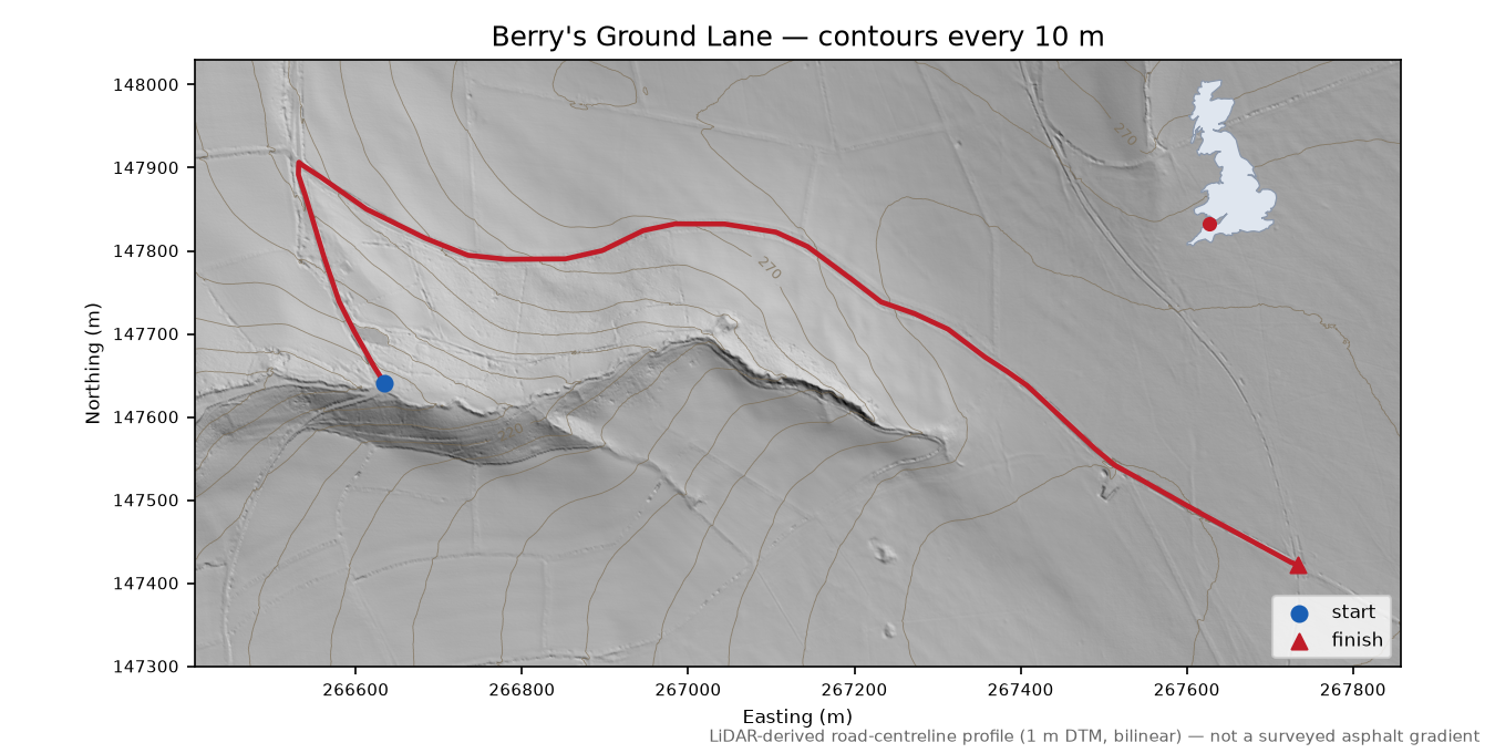 Berry's Ground Lane LiDAR hillshade map with contours