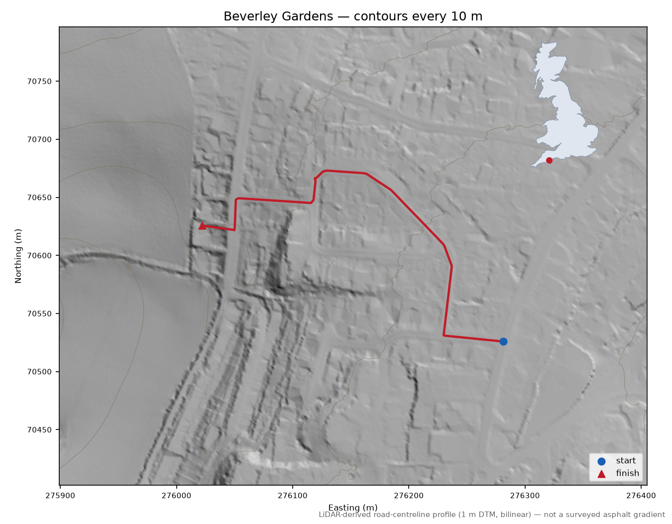 Beverley Gardens LiDAR hillshade map with contours
