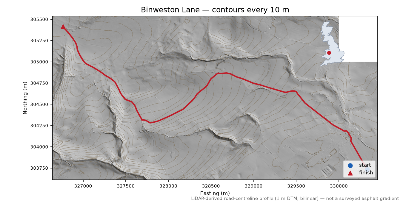 Binweston Lane LiDAR hillshade map with contours