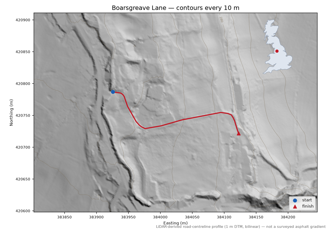 Boarsgreave Lane LiDAR hillshade map with contours
