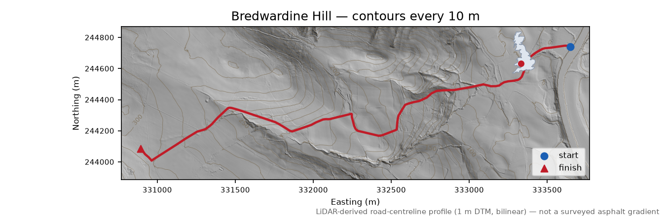Bredwardine Hill LiDAR hillshade map with contours