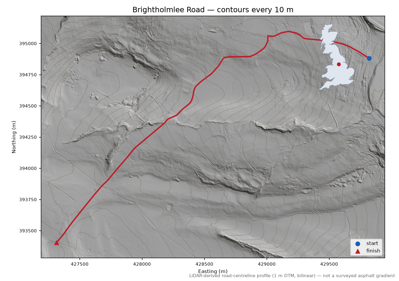 Brightholmlee Road LiDAR hillshade map with contours