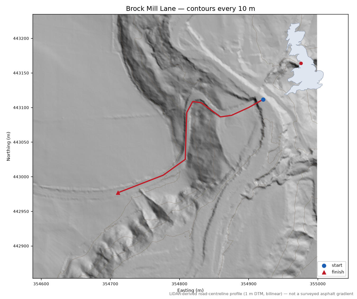 Brock Mill Lane LiDAR hillshade map with contours