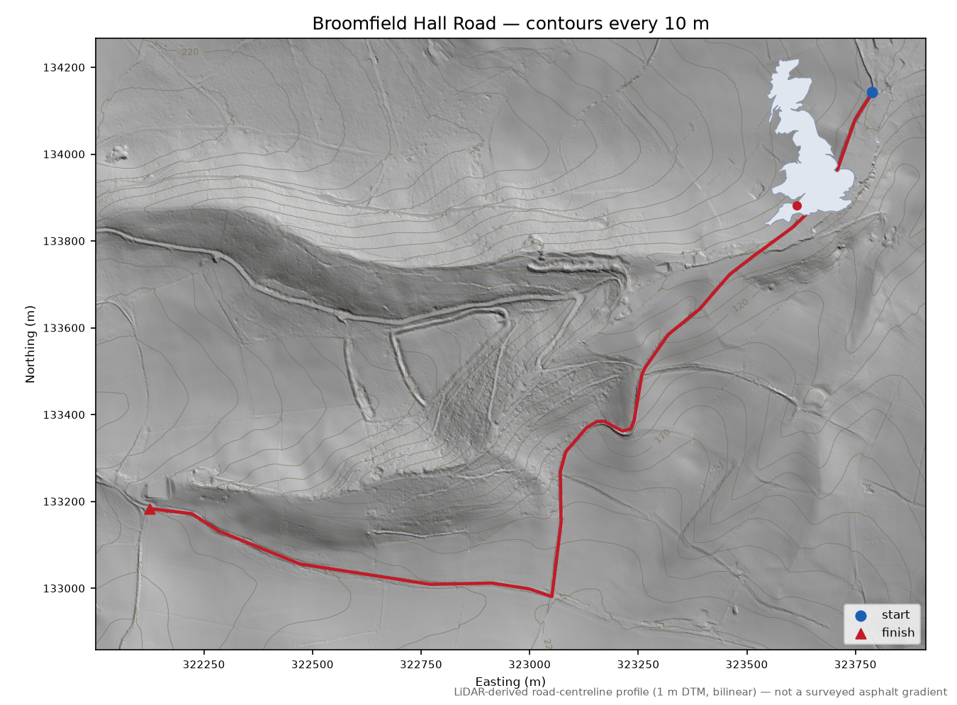 Broomfield Hall Road LiDAR hillshade map with contours
