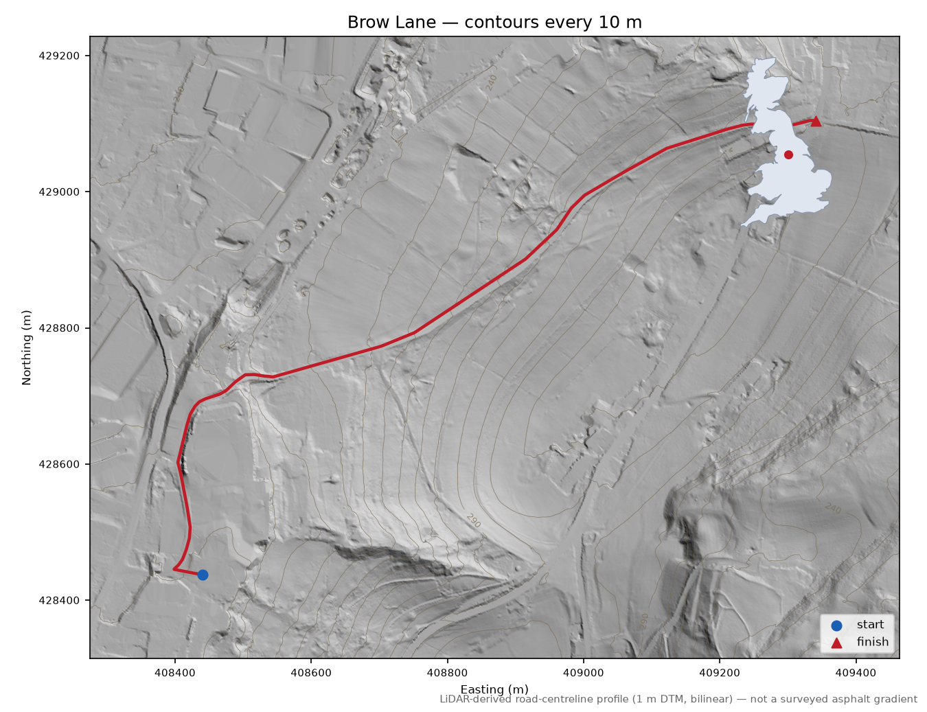 Brow Lane LiDAR hillshade map with contours