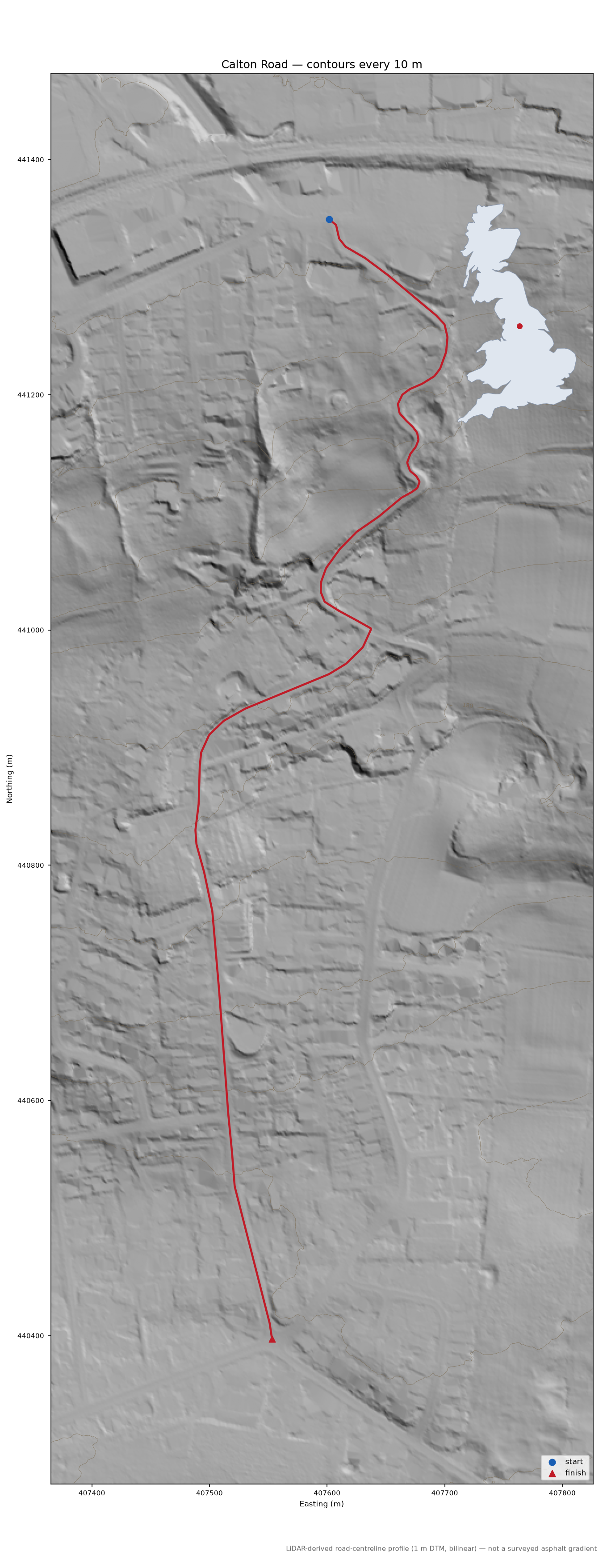Calton Road LiDAR hillshade map with contours