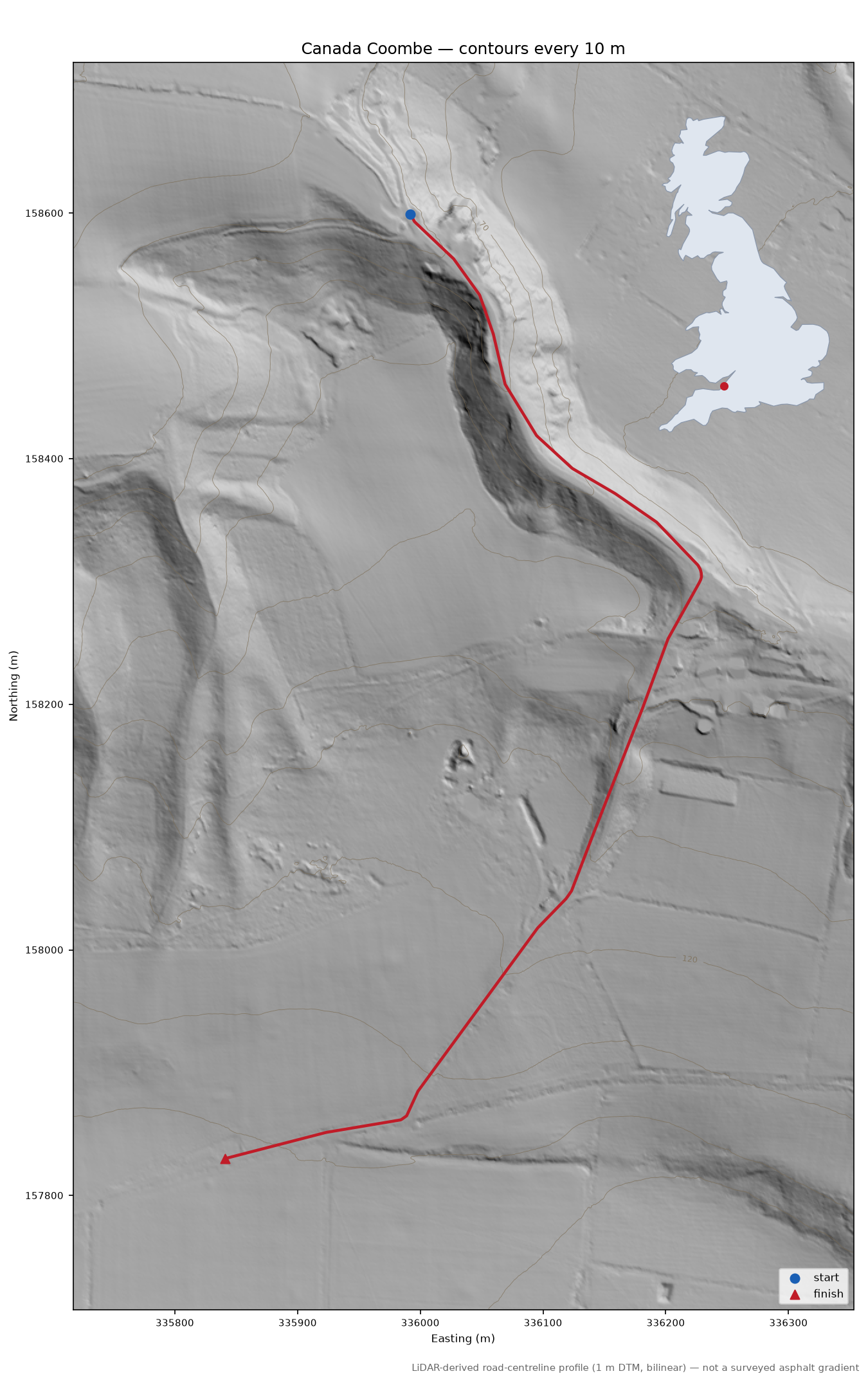 Canada Coombe LiDAR hillshade map with contours