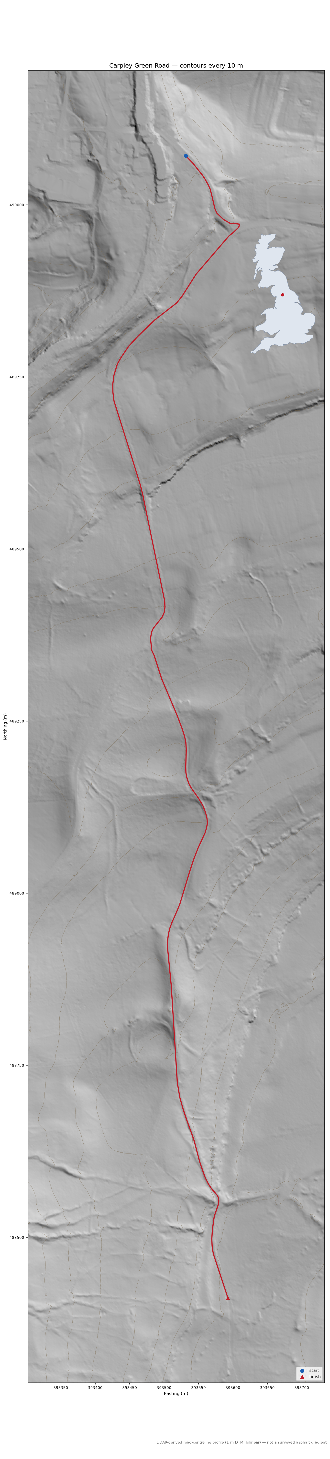 Carpley Green Road LiDAR hillshade map with contours