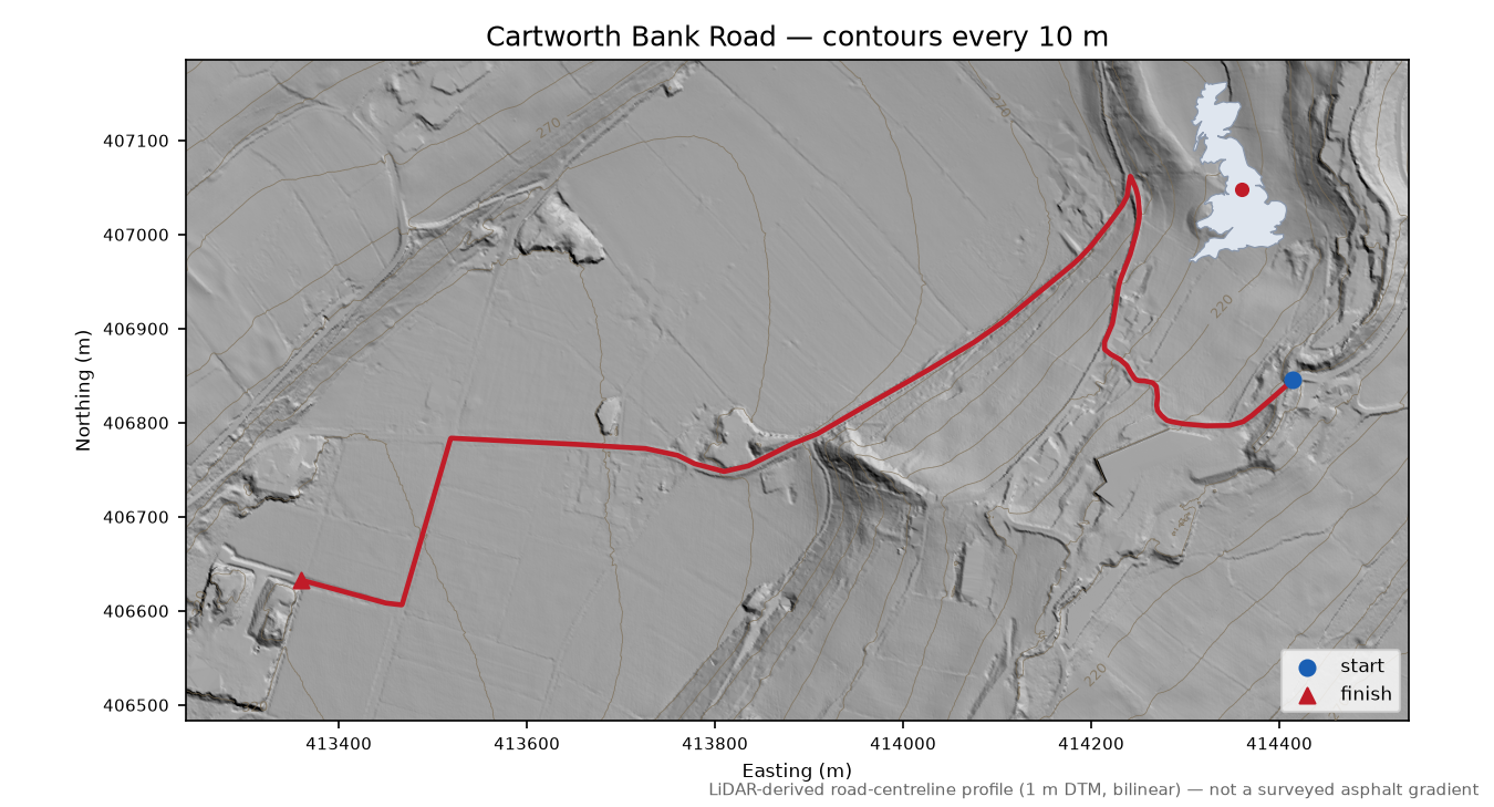 Cartworth Bank Road LiDAR hillshade map with contours