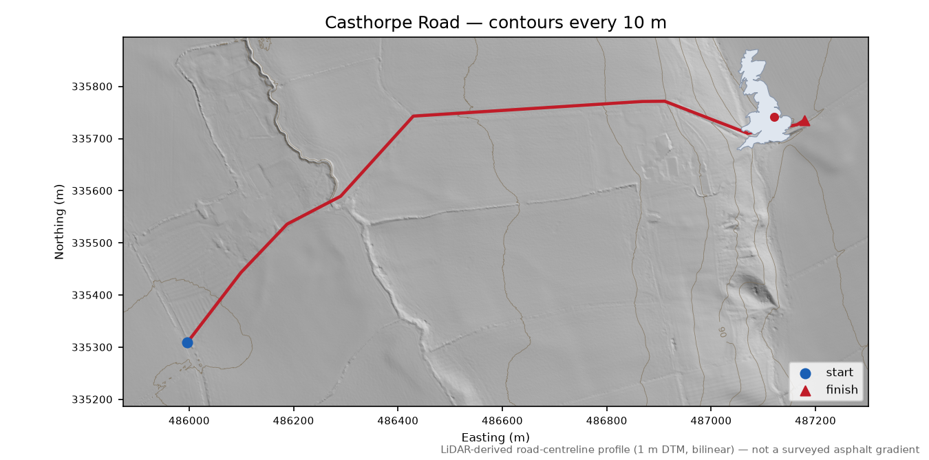 Casthorpe Road LiDAR hillshade map with contours