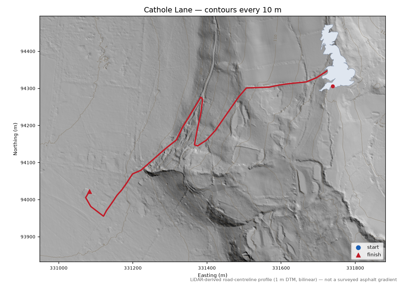 Cathole Lane LiDAR hillshade map with contours