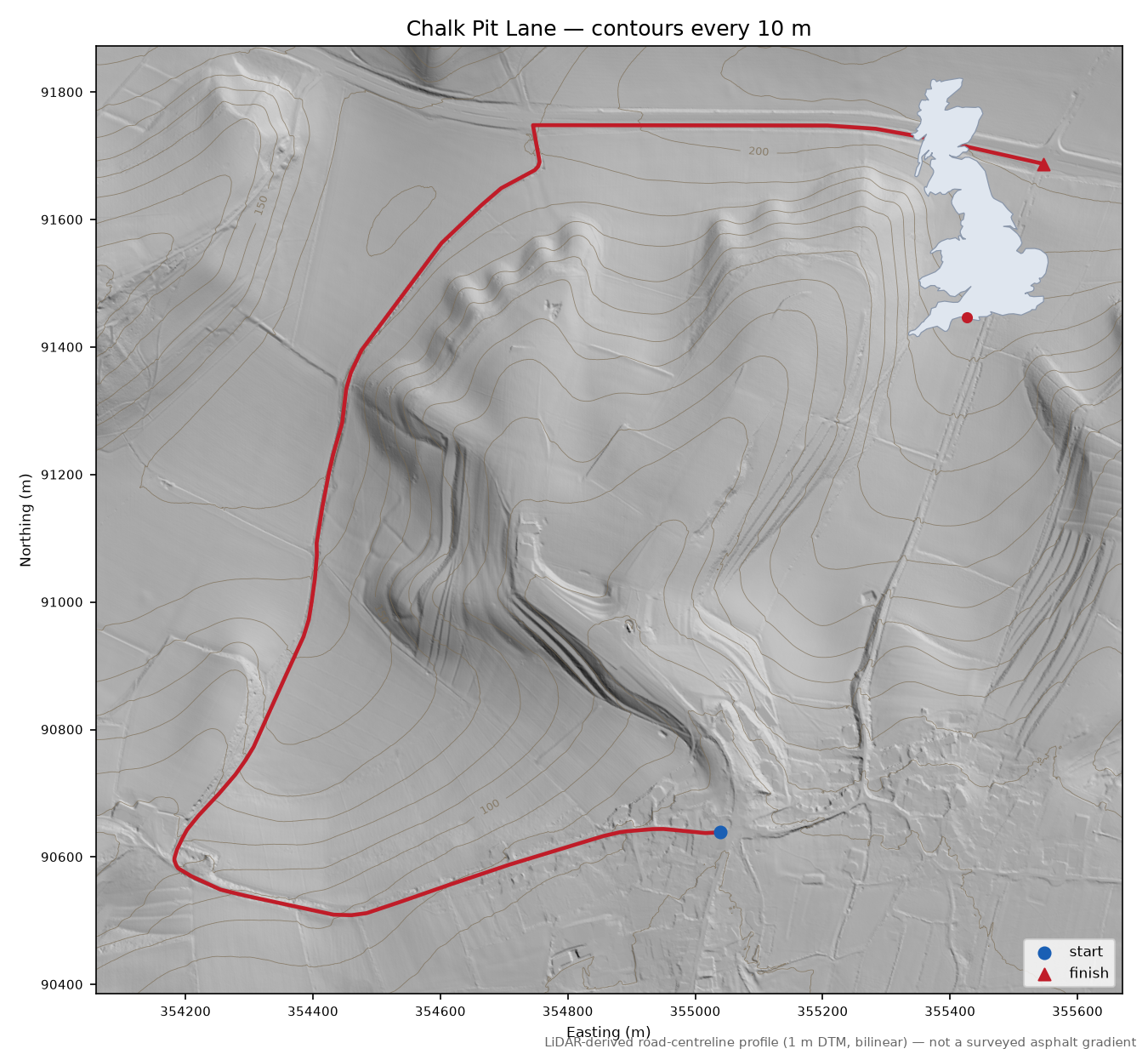 Chalk Pit Lane LiDAR hillshade map with contours