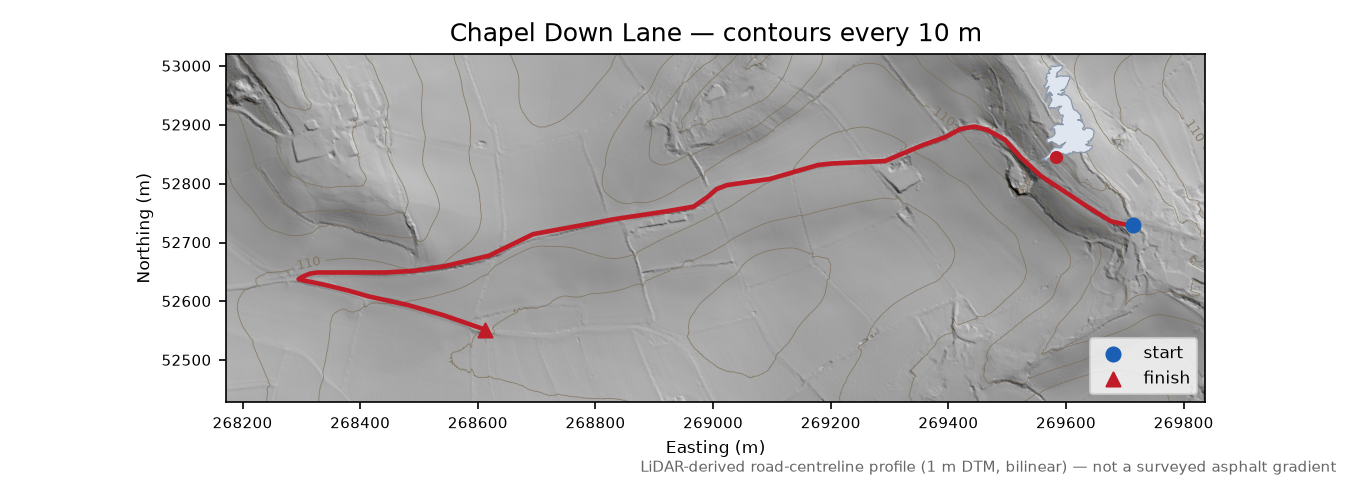 Chapel Down Lane LiDAR hillshade map with contours