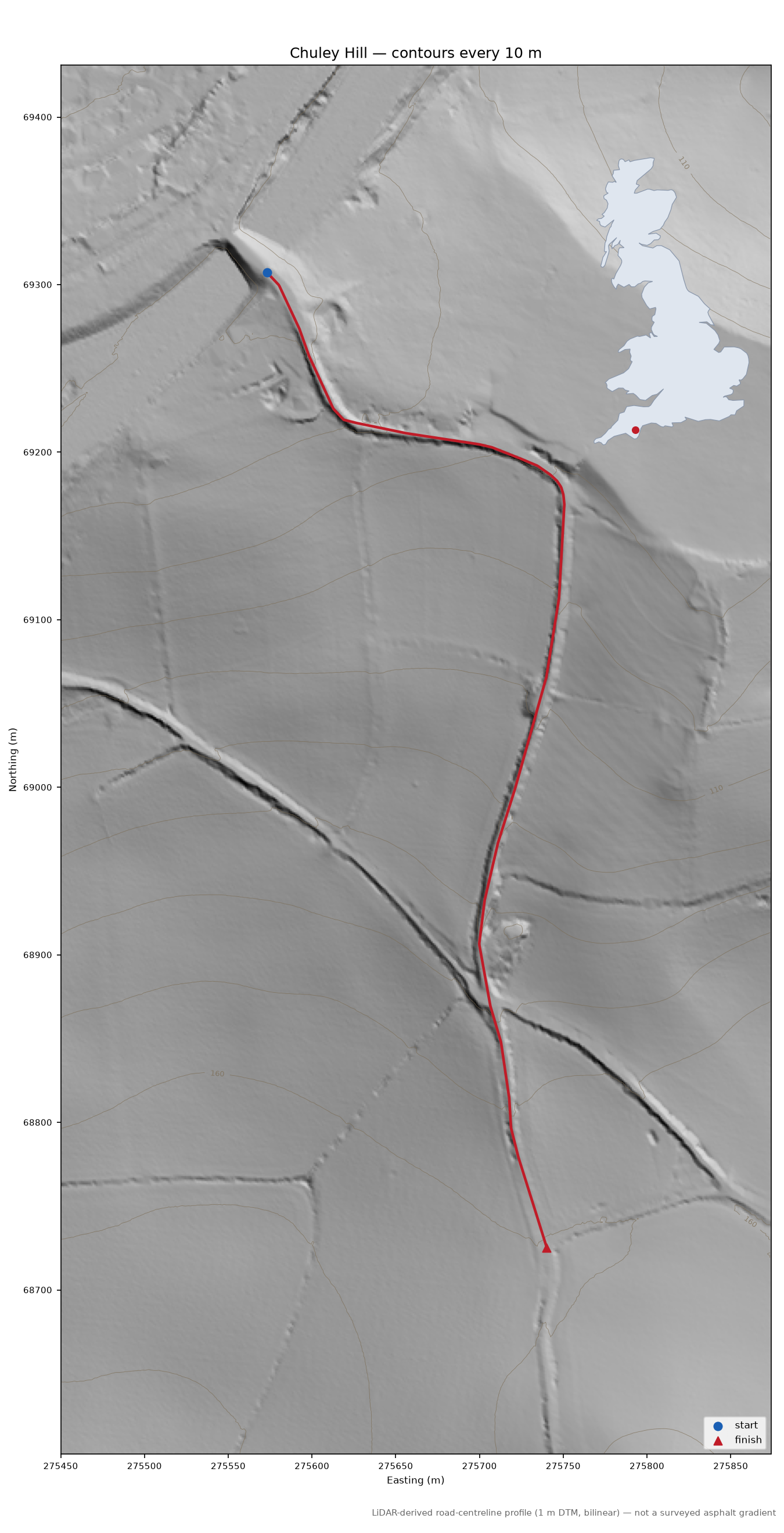 Chuley Hill LiDAR hillshade map with contours