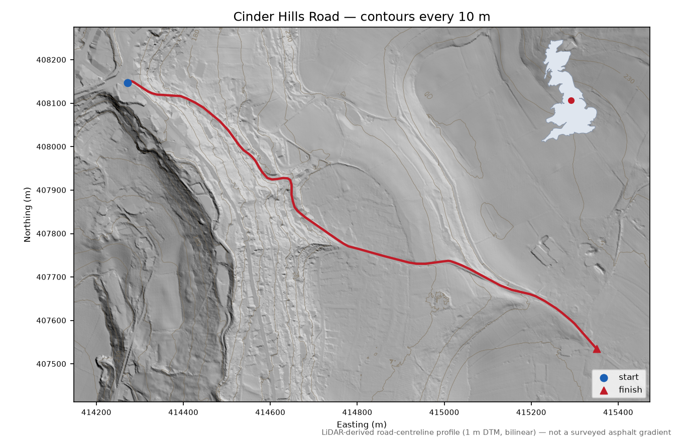 Cinder Hills Road LiDAR hillshade map with contours