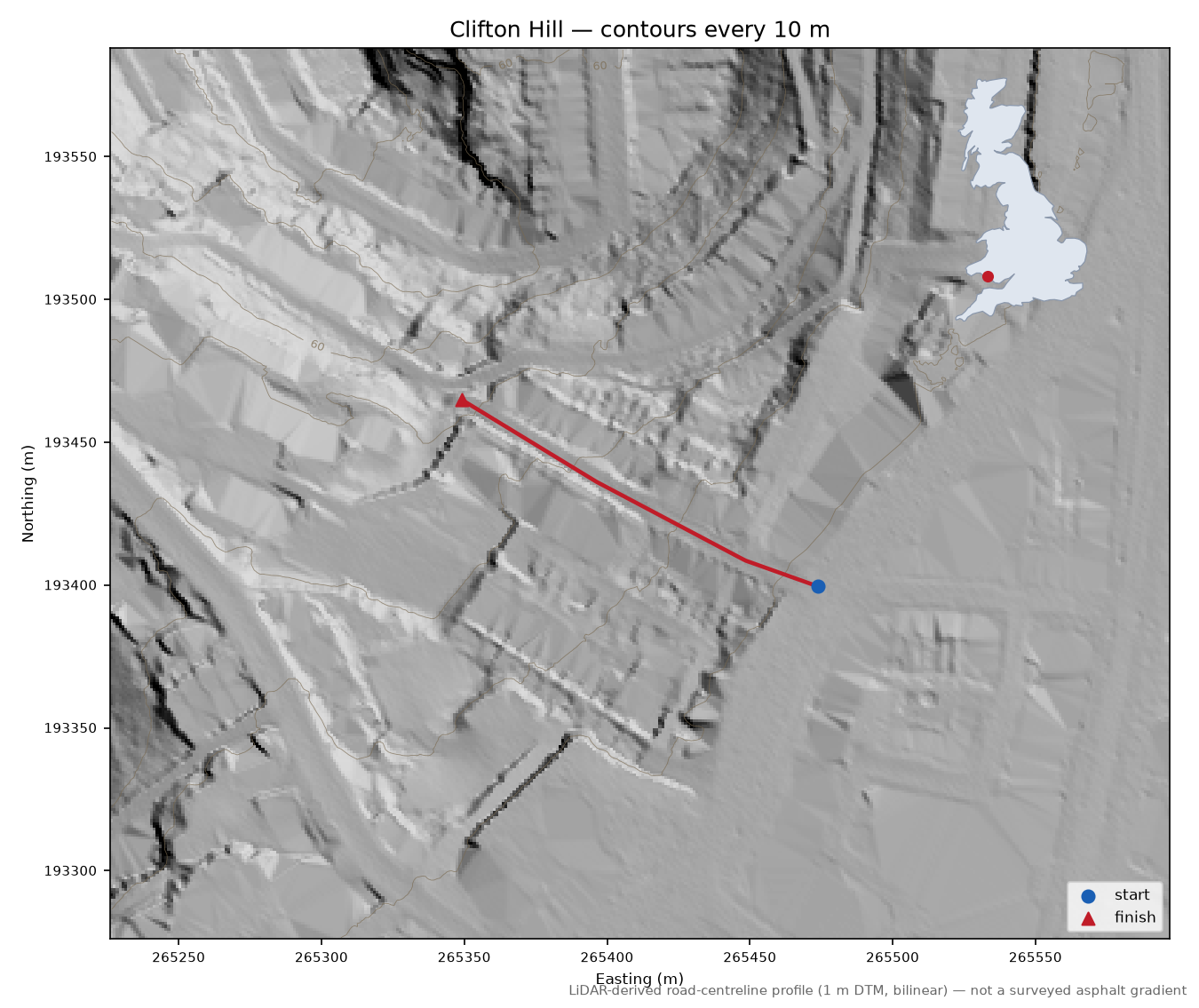 Clifton Hill LiDAR hillshade map with contours