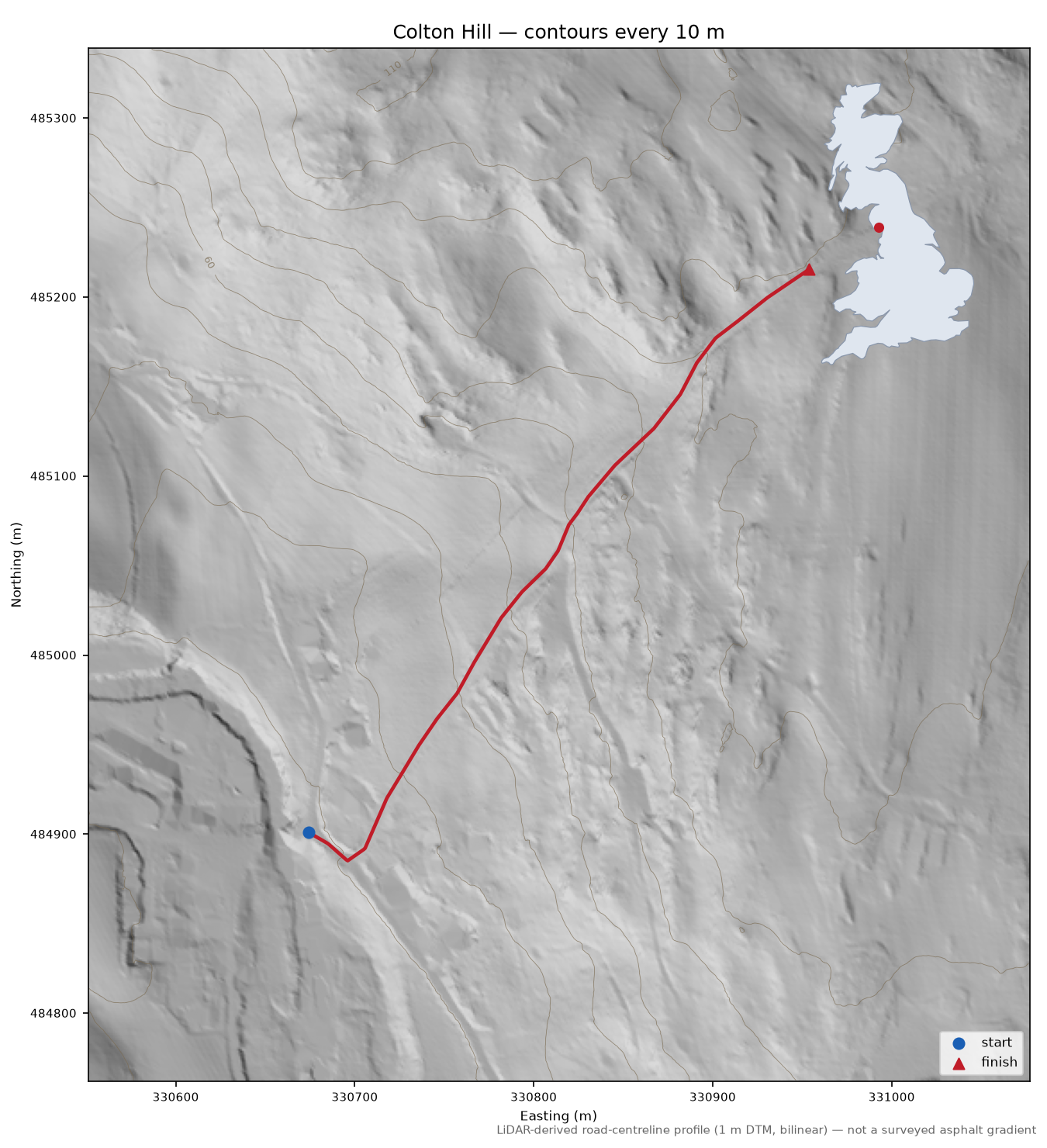 Colton Hill LiDAR hillshade map with contours
