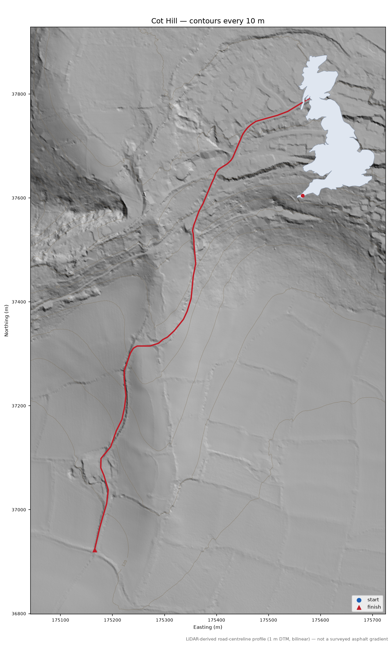 Cot Hill LiDAR hillshade map with contours