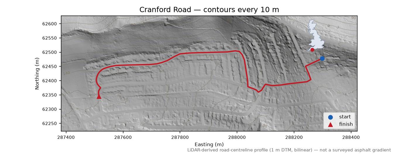 Cranford Road LiDAR hillshade map with contours