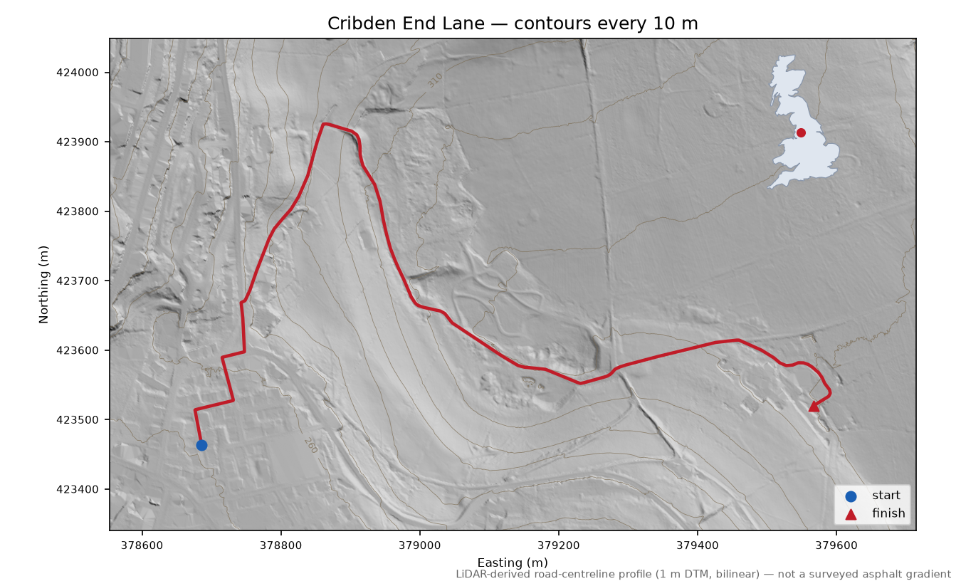 Cribden End Lane LiDAR hillshade map with contours