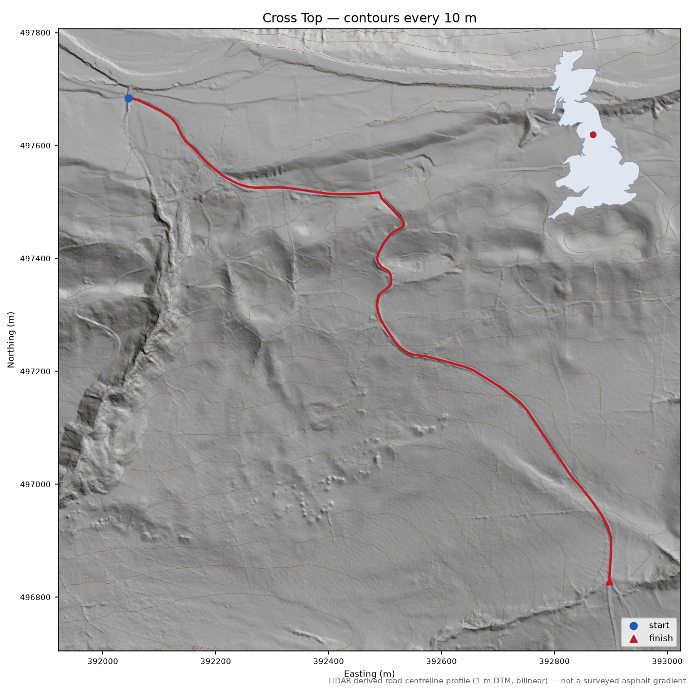 Cross Top LiDAR hillshade map with contours