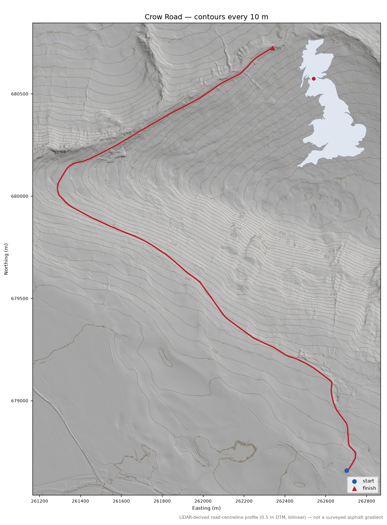 Crow Road LiDAR hillshade map with contours