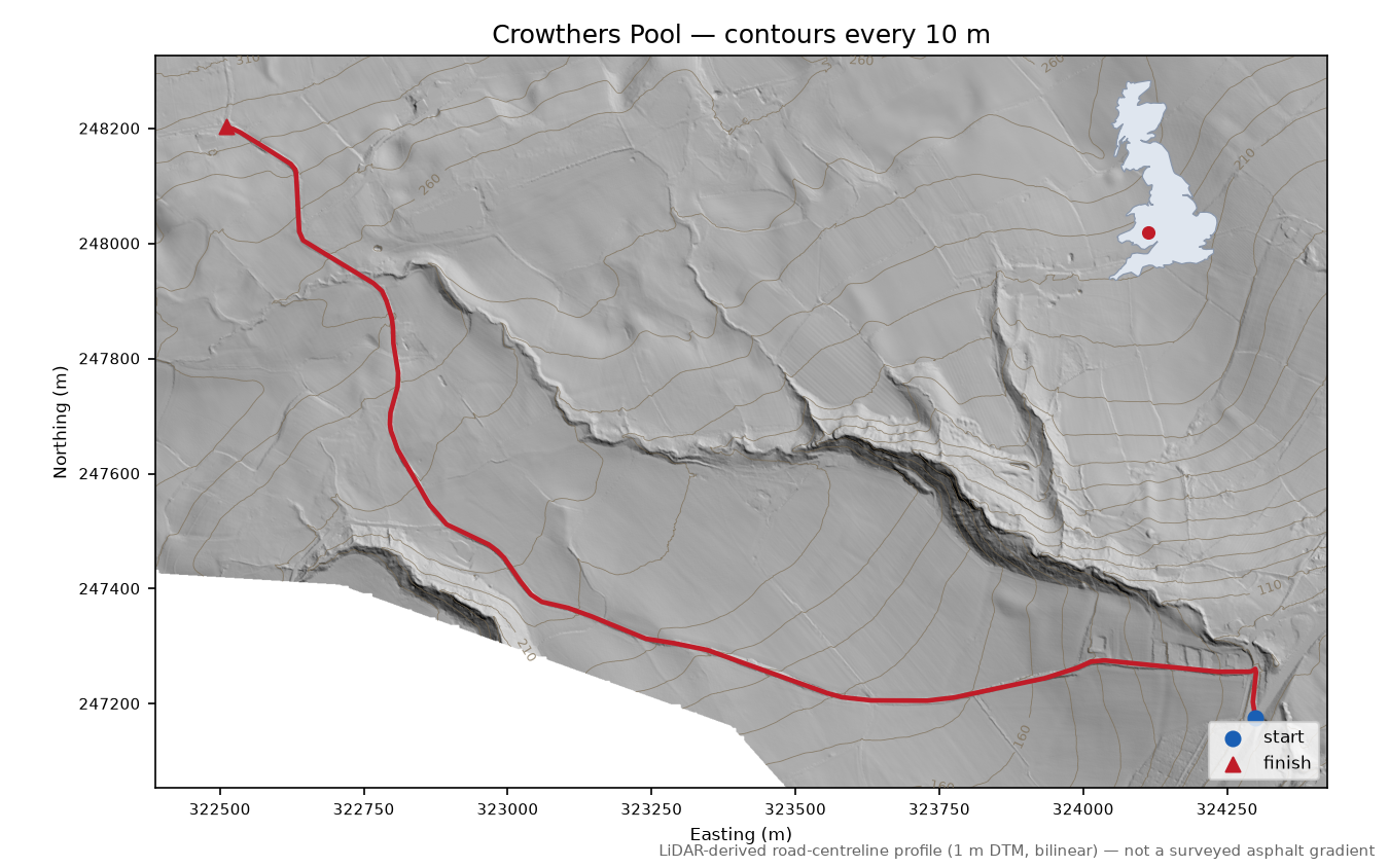 Crowthers Pool LiDAR hillshade map with contours