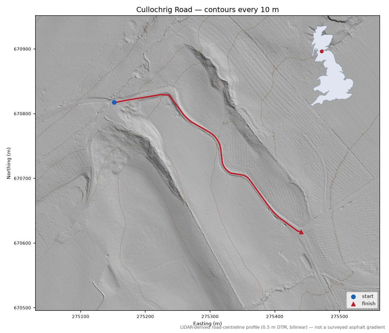 Cullochrig Road LiDAR hillshade map with contours