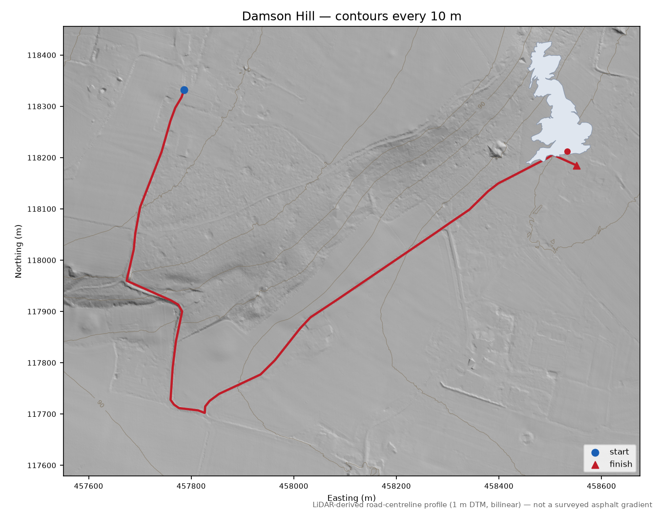 Damson Hill LiDAR hillshade map with contours