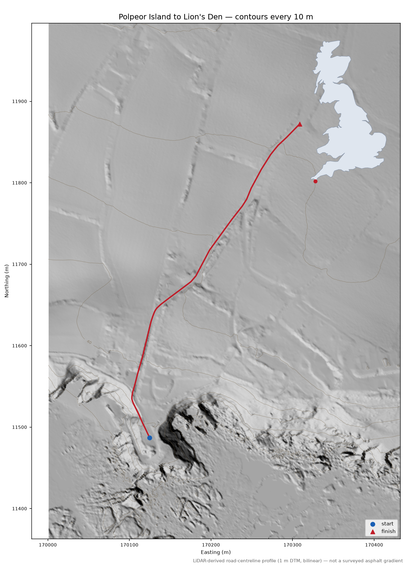 Polpeor Island to Lion's Den LiDAR hillshade map with contours