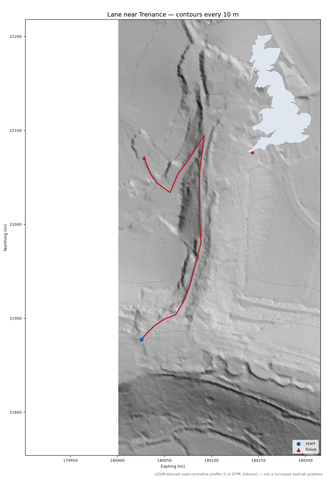 Lane near Trenance LiDAR hillshade map with contours