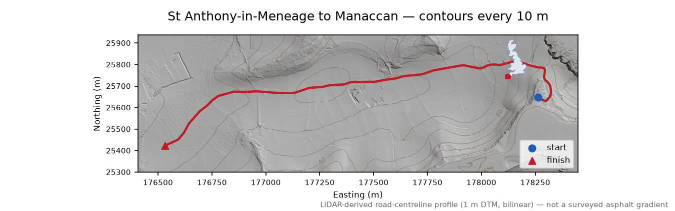St Anthony-in-Meneage to Manaccan LiDAR hillshade map with contours