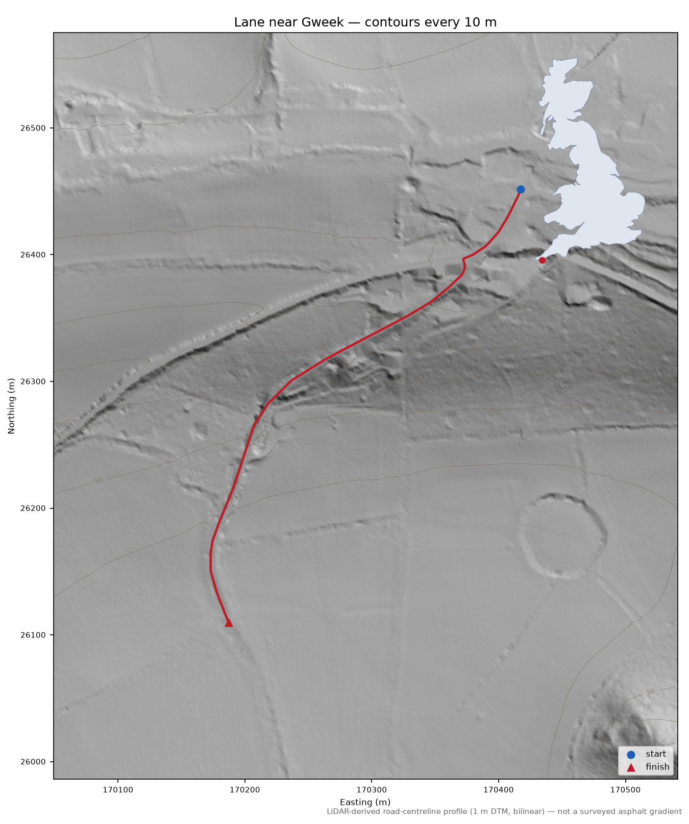 Lane near Gweek LiDAR hillshade map with contours