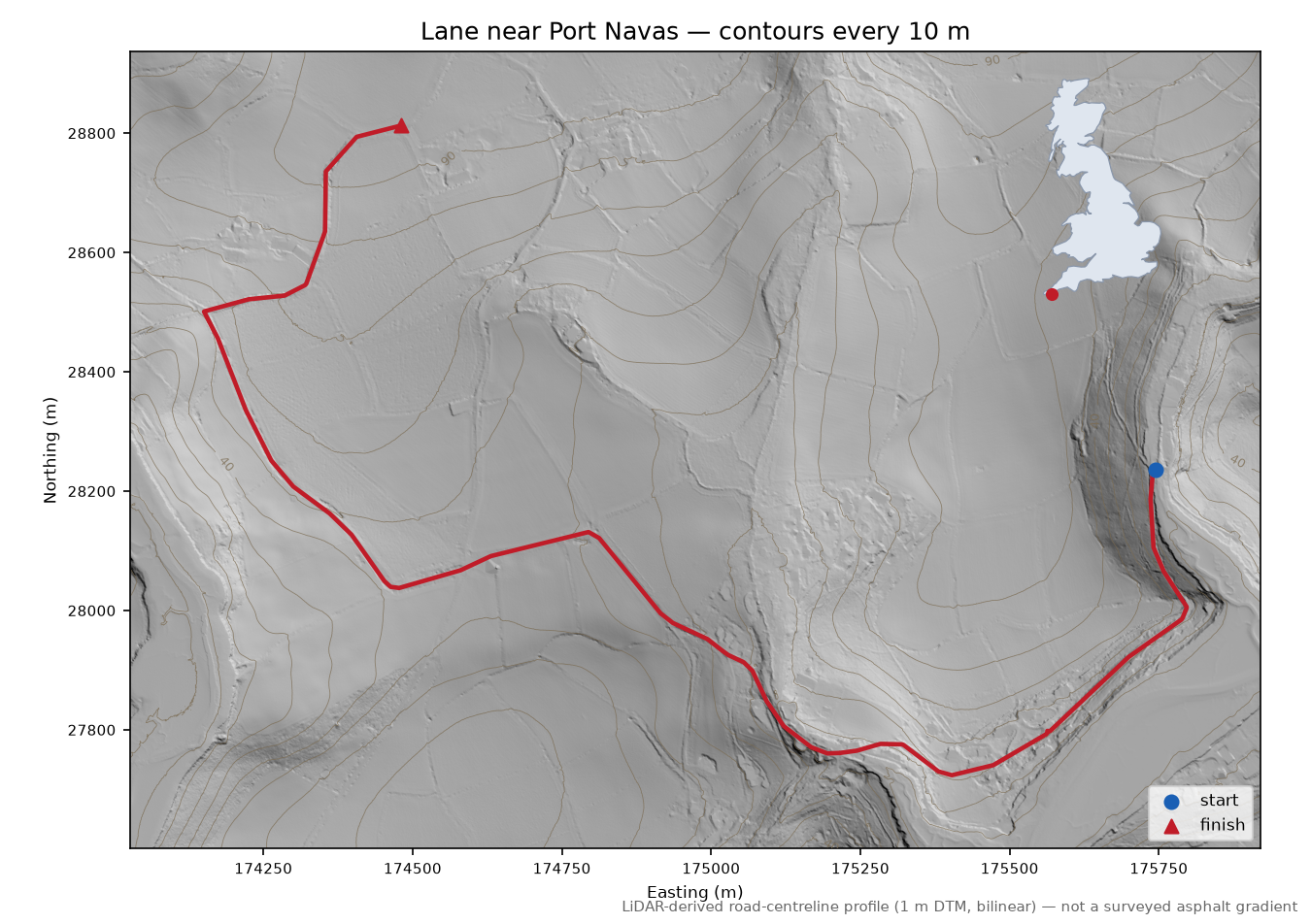 Lane near Port Navas LiDAR hillshade map with contours