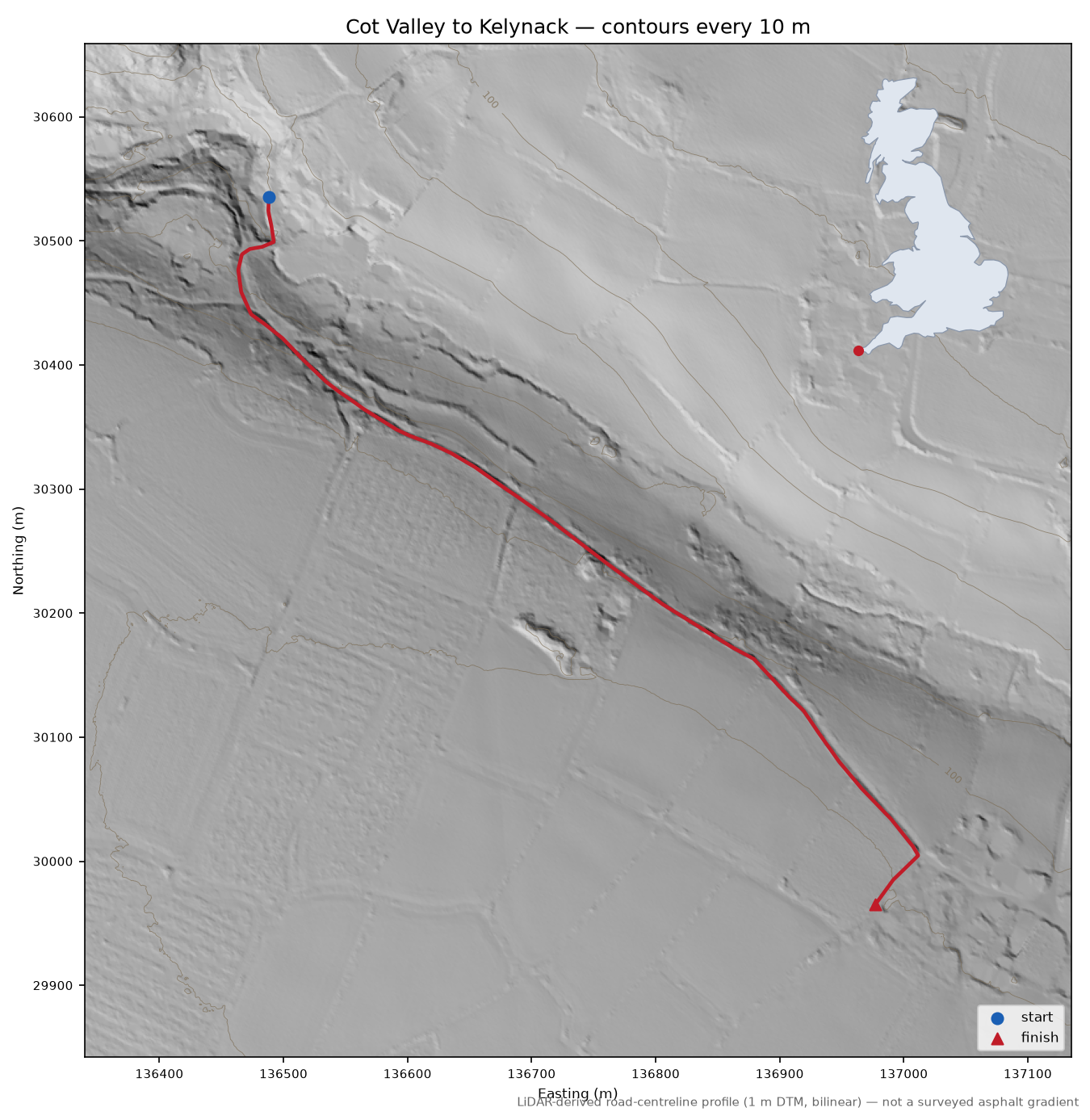 Cot Valley to Kelynack LiDAR hillshade map with contours