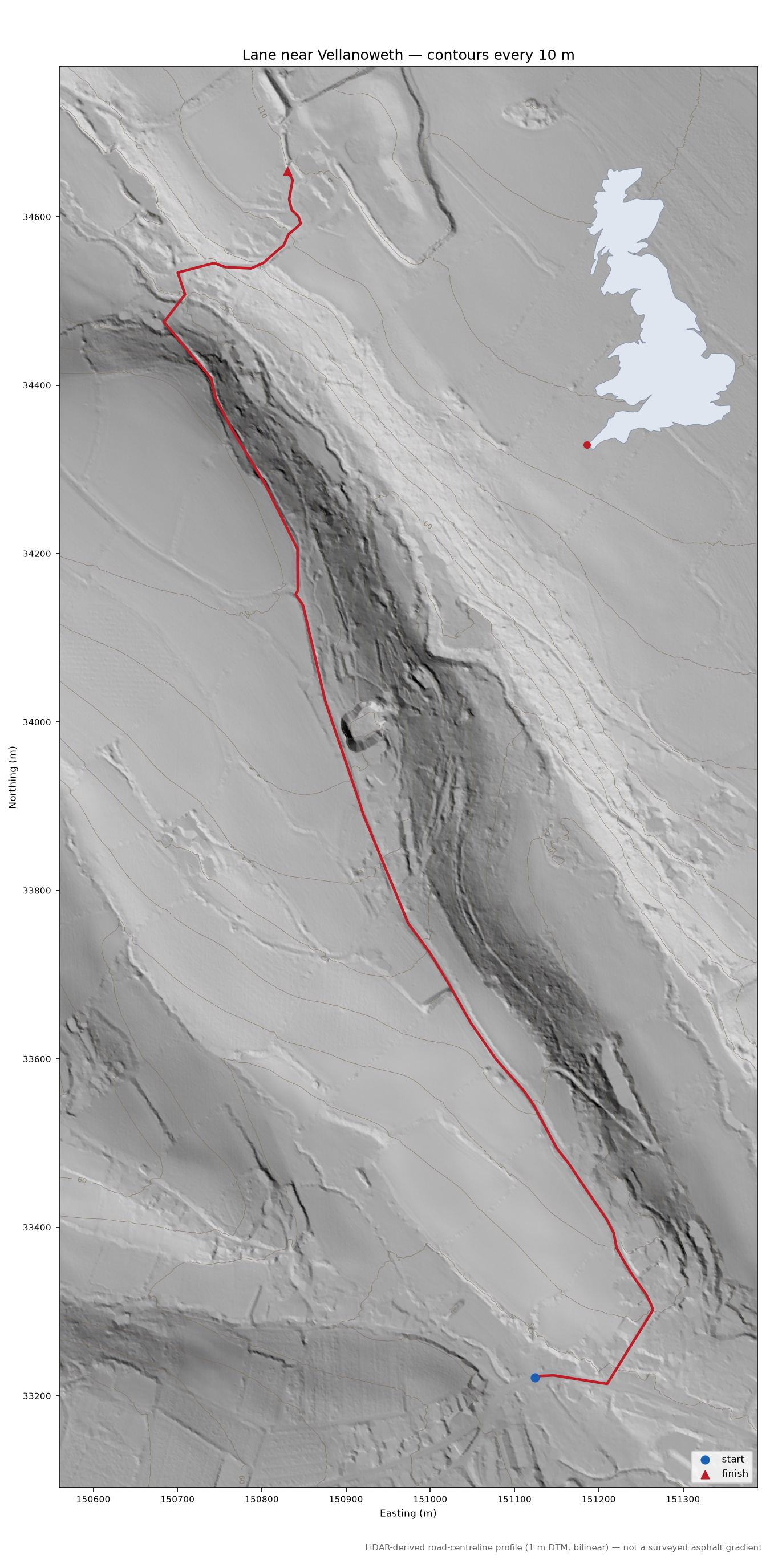 Lane near Vellanoweth LiDAR hillshade map with contours