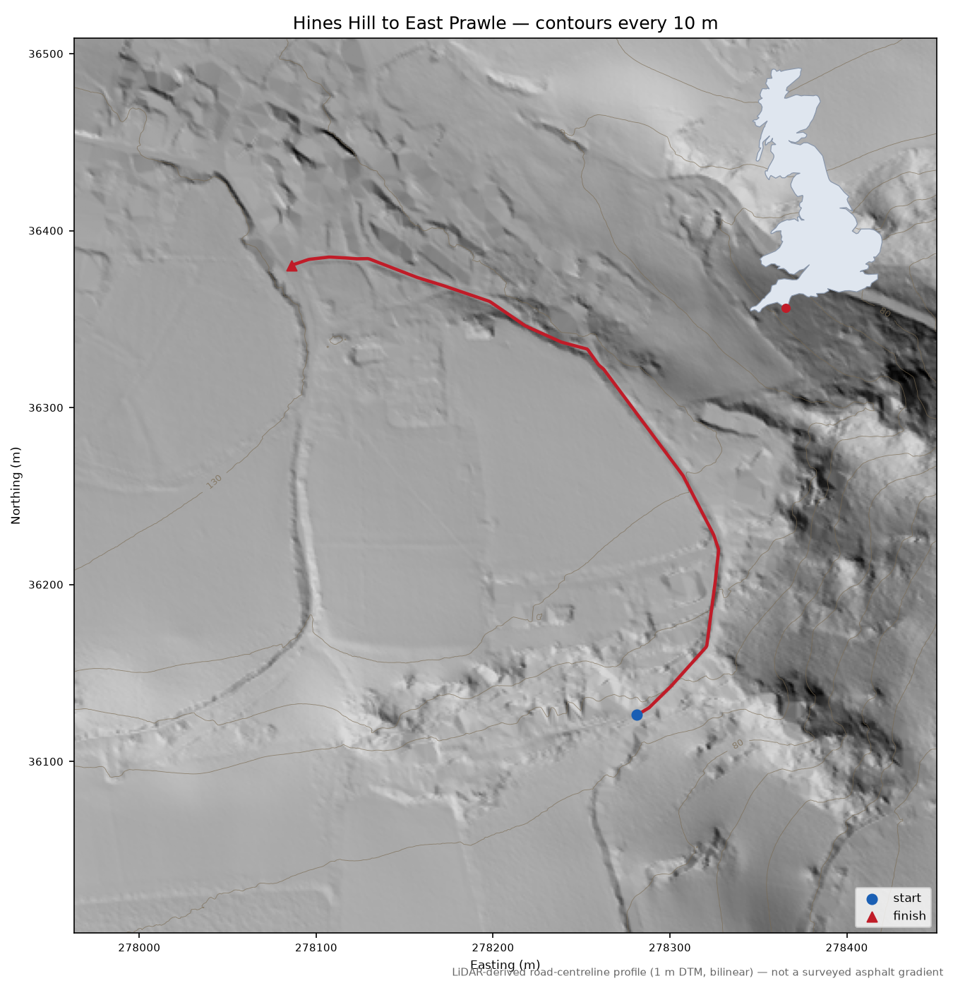 Hines Hill to East Prawle LiDAR hillshade map with contours