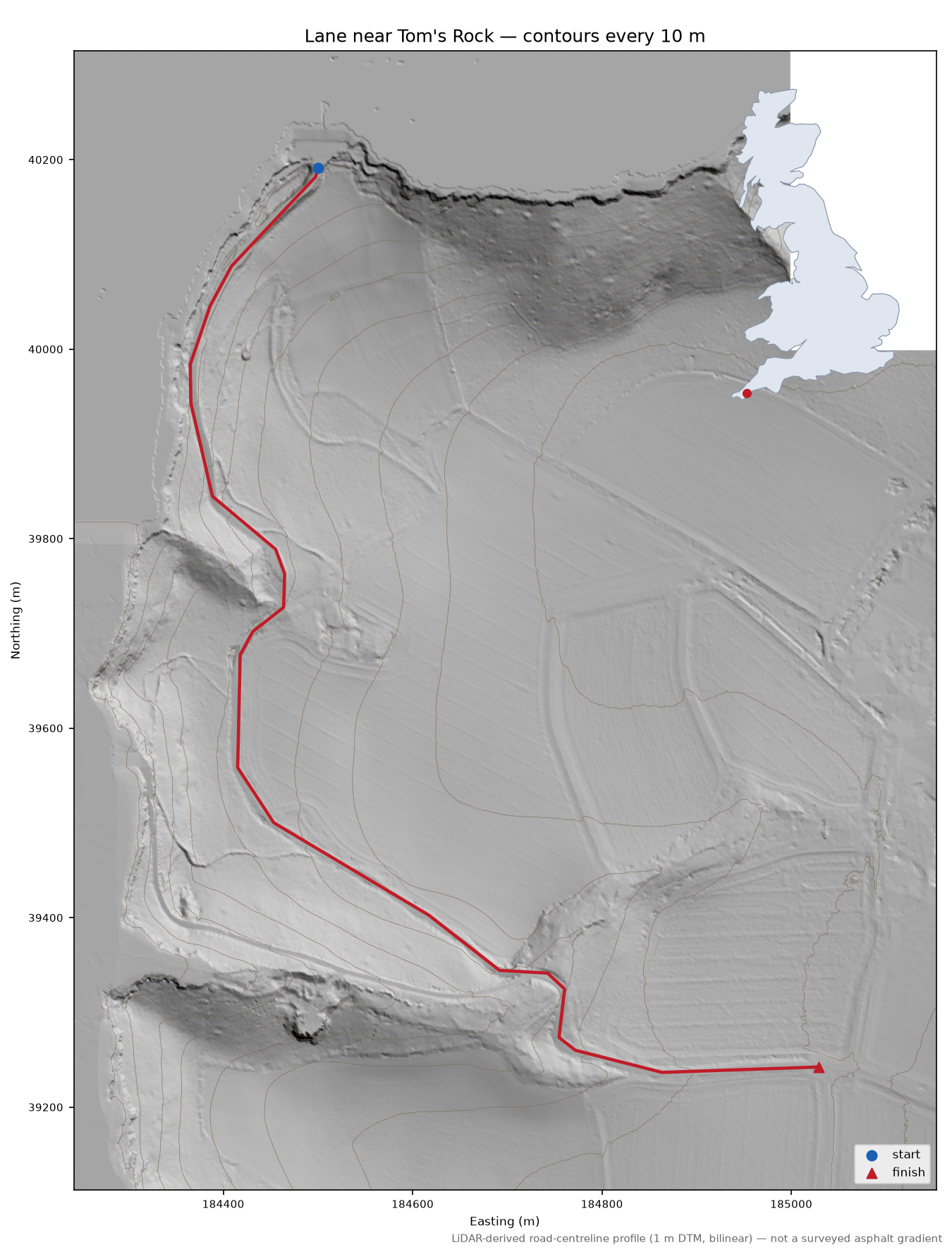 Lane near Tom's Rock LiDAR hillshade map with contours