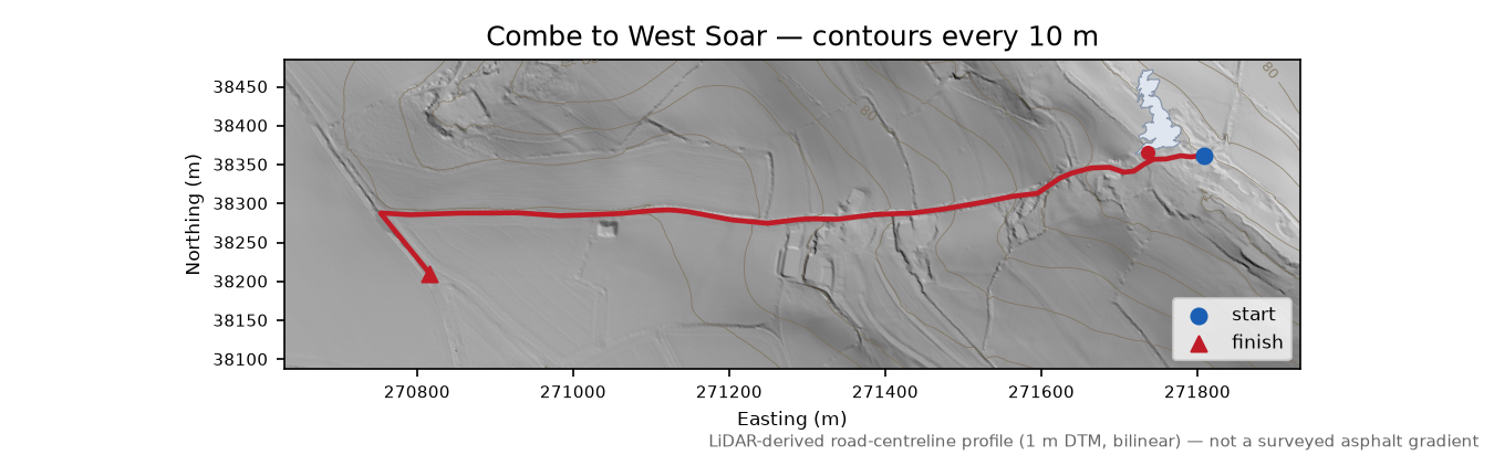 Combe to West Soar LiDAR hillshade map with contours