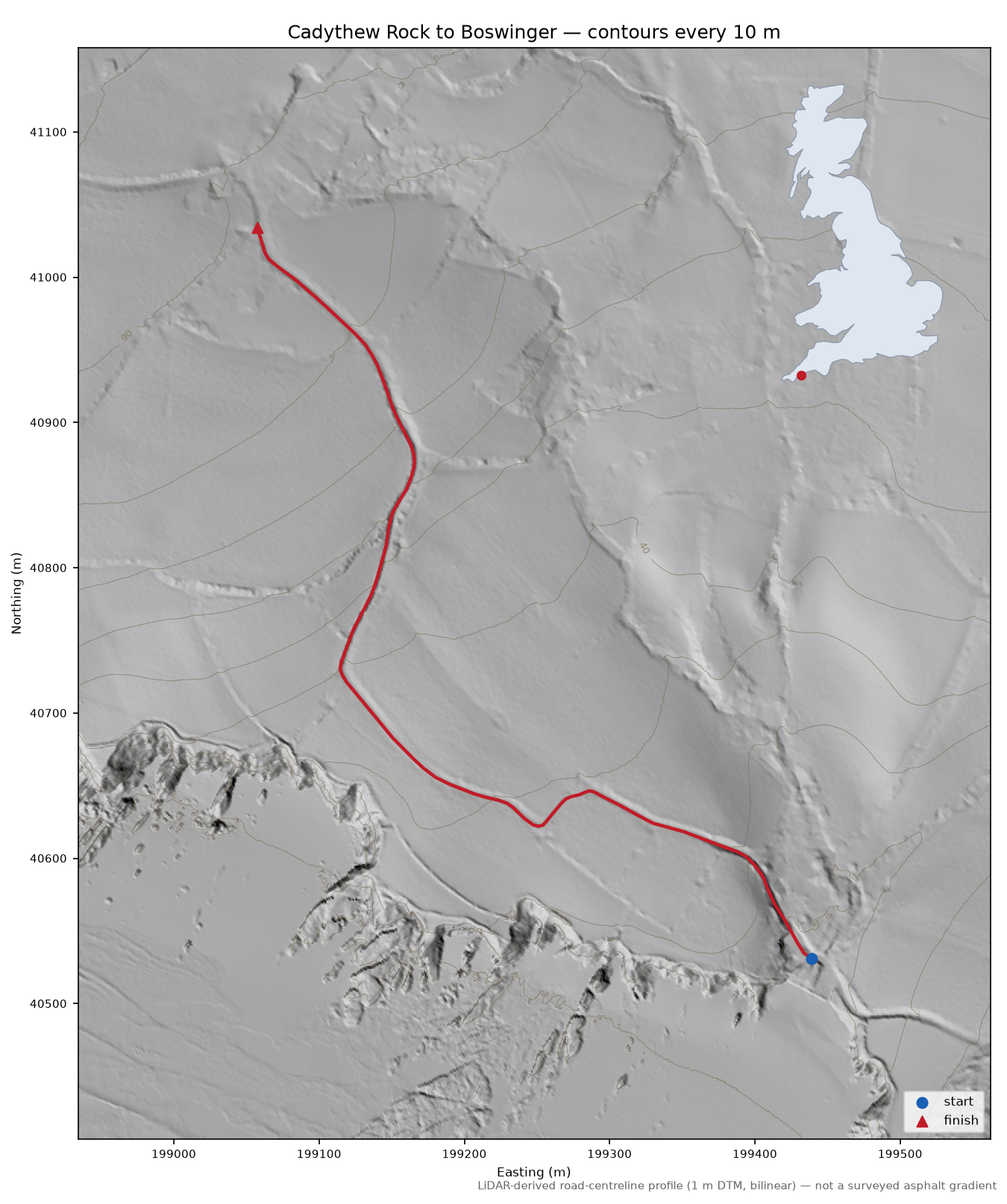 Cadythew Rock to Boswinger LiDAR hillshade map with contours