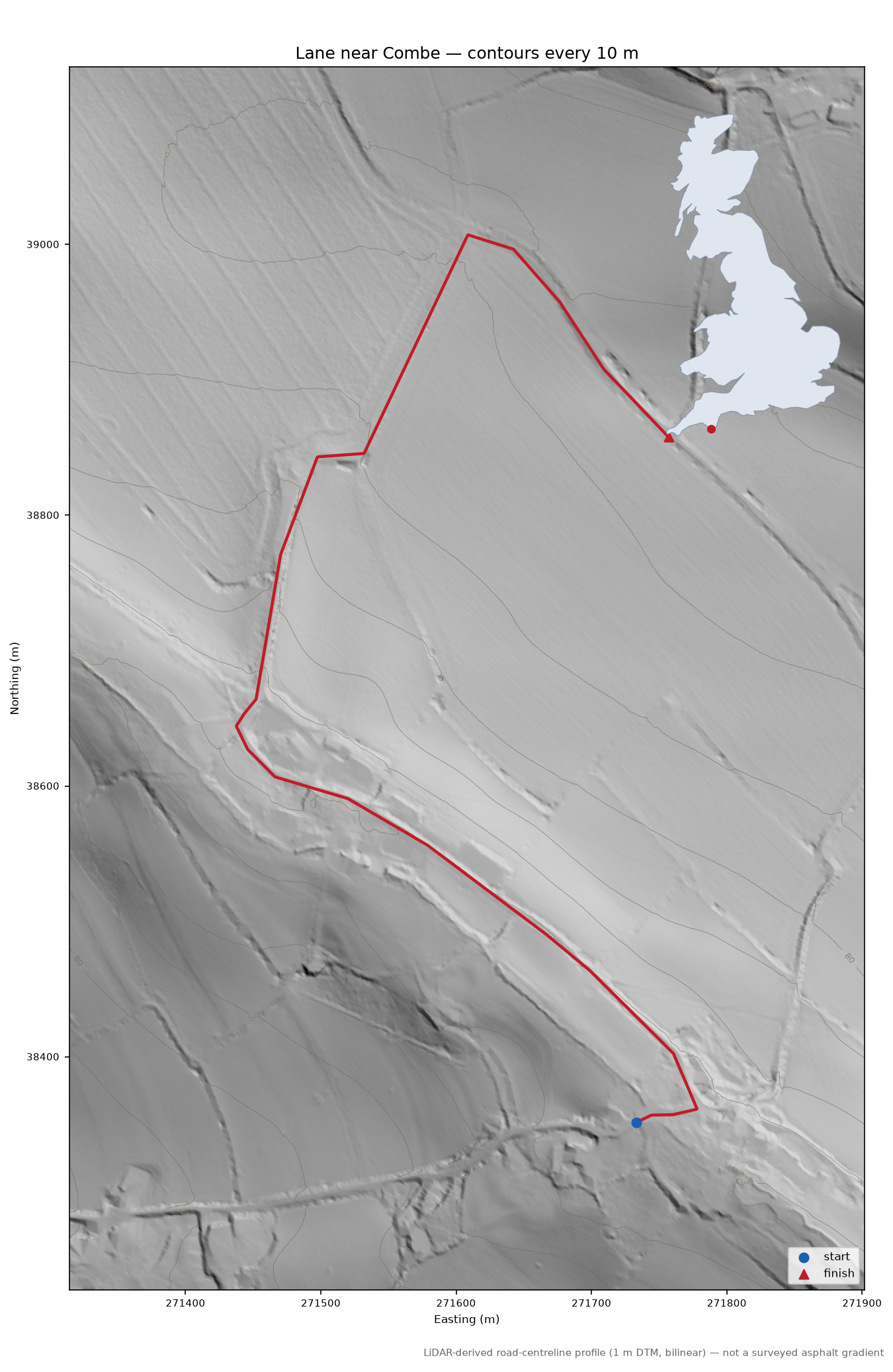 Lane near Combe LiDAR hillshade map with contours