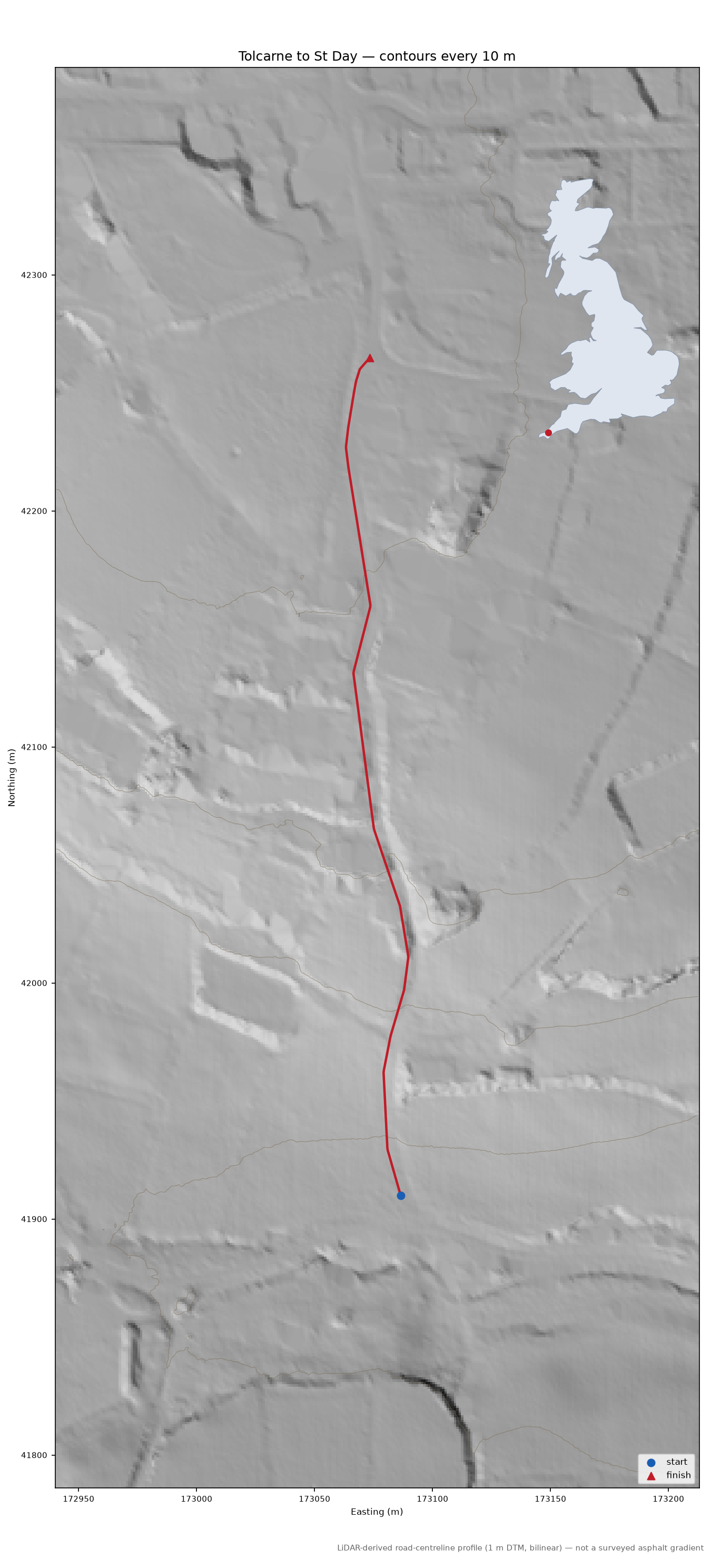 Tolcarne to St Day LiDAR hillshade map with contours