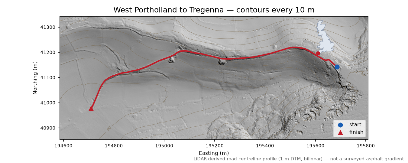 West Portholland to Tregenna LiDAR hillshade map with contours