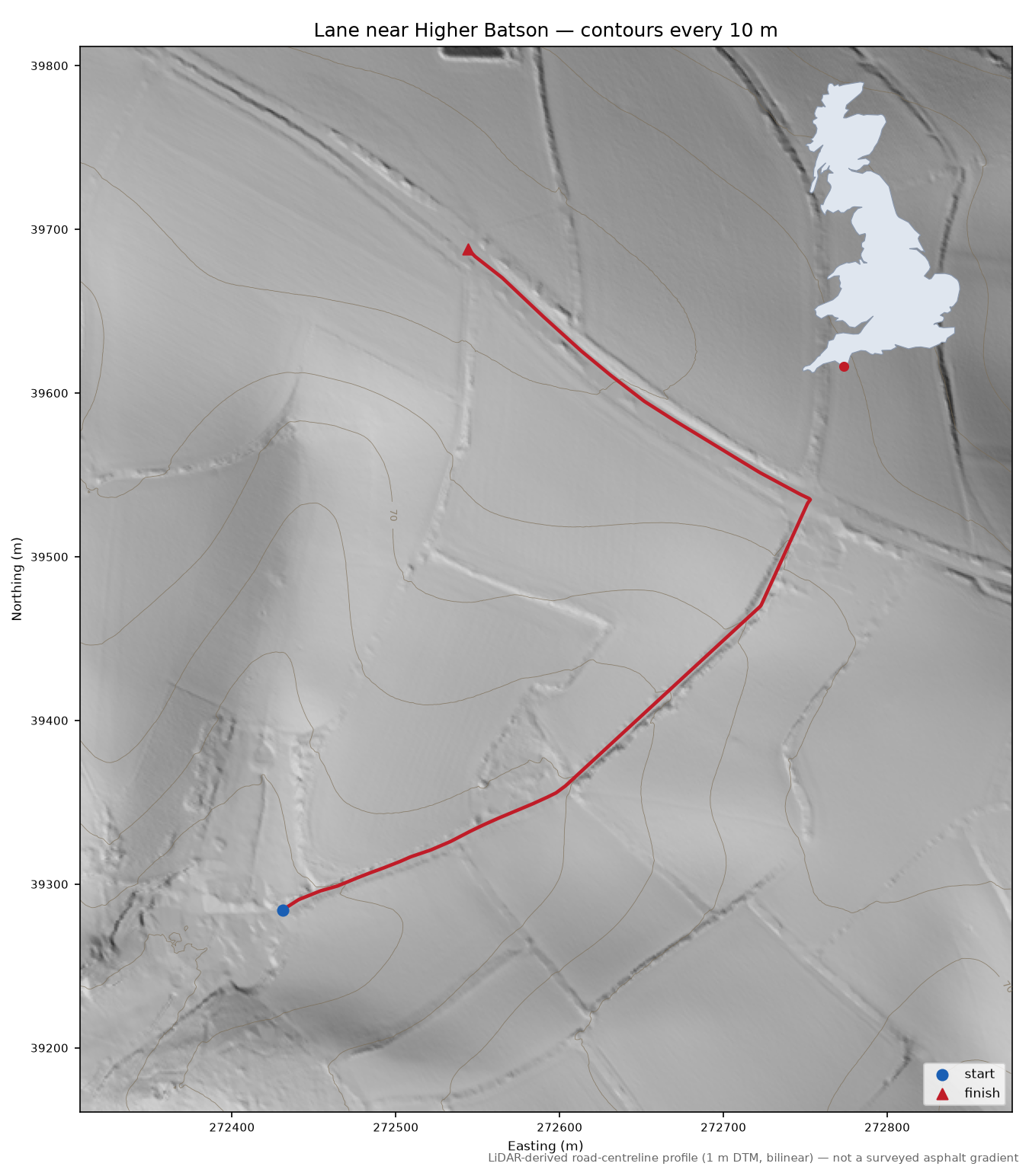 Lane near Higher Batson LiDAR hillshade map with contours