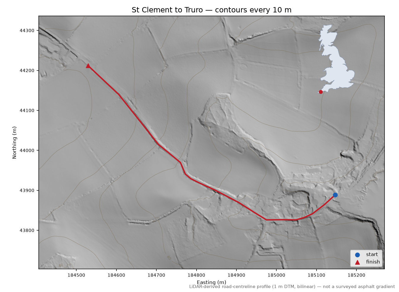 St Clement to Truro LiDAR hillshade map with contours