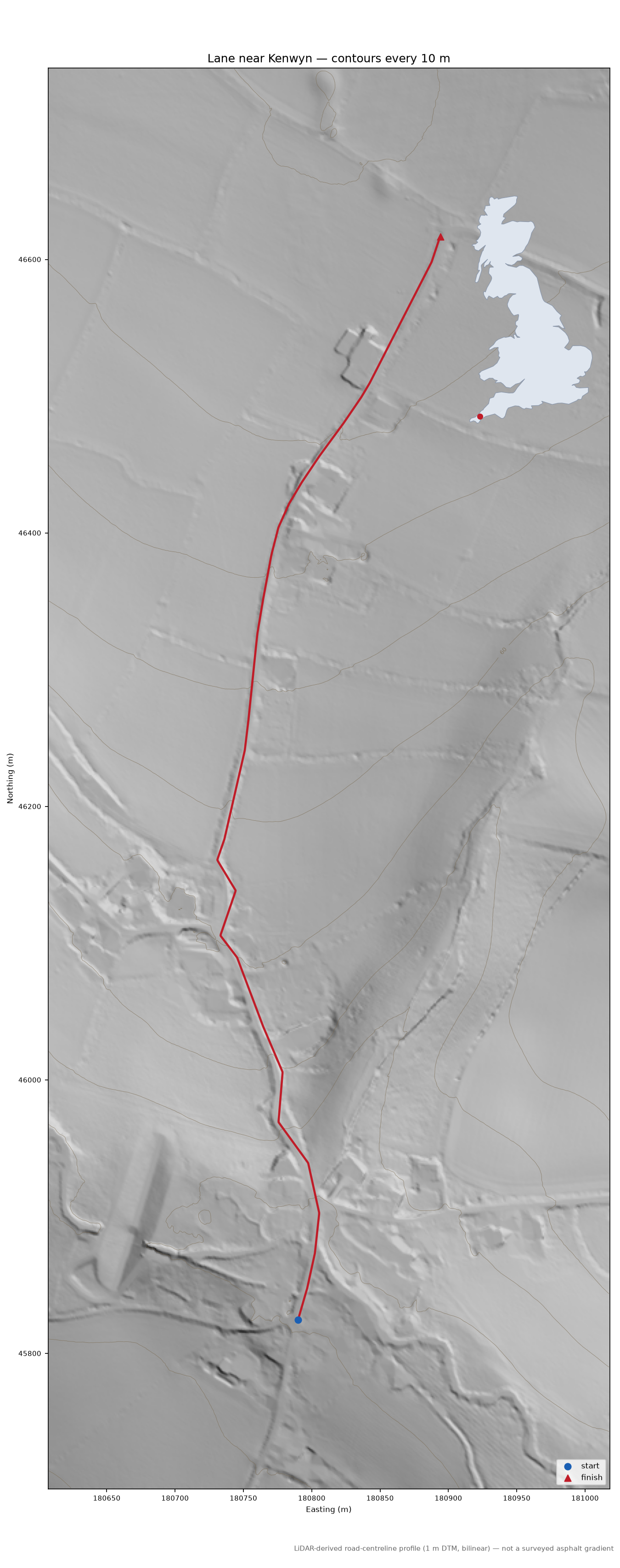 Lane near Kenwyn LiDAR hillshade map with contours