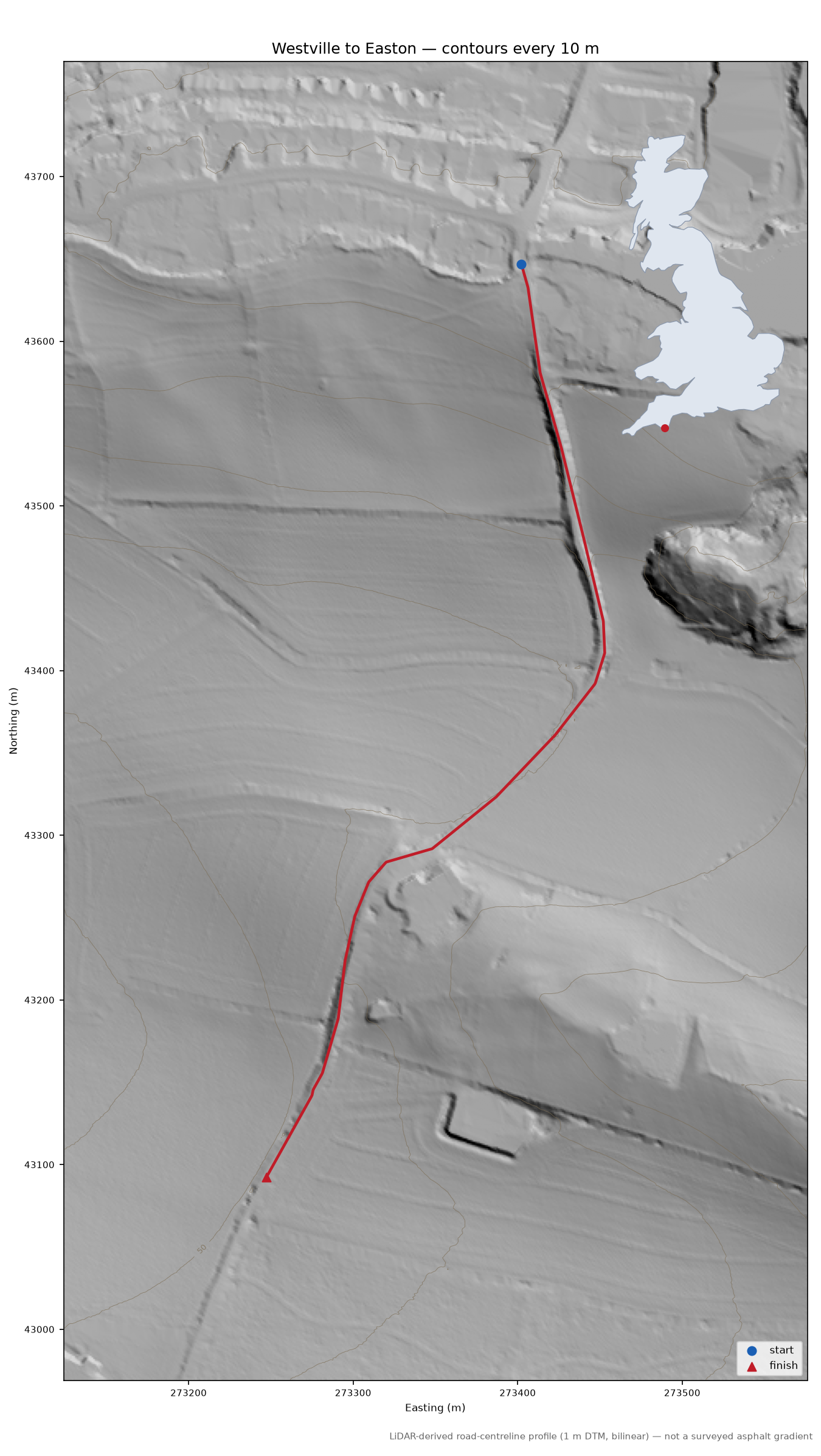 Westville to Easton LiDAR hillshade map with contours
