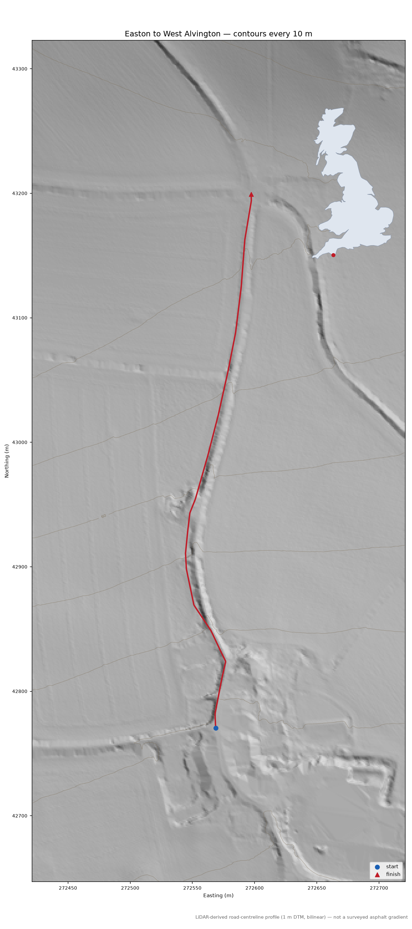Easton to West Alvington LiDAR hillshade map with contours